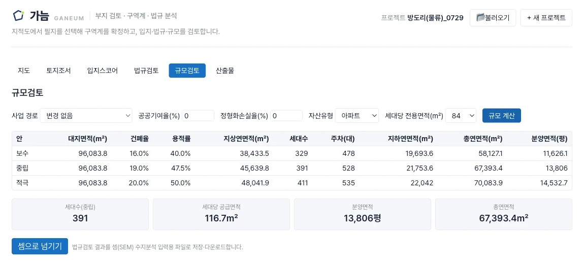 가늠 규모검토 탭 — 보수·중립·적극 3안의 건폐율·용적률·연면적·세대수·주차대수 표와 셈으로 넘기기 버튼